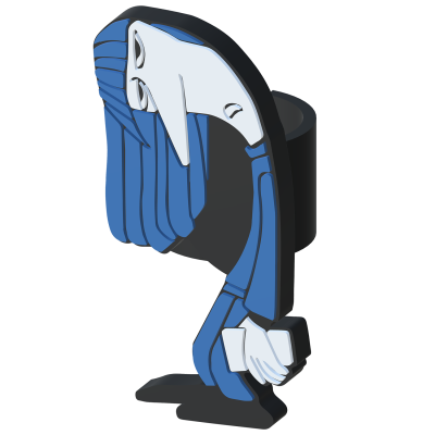 Escultura abstrata de madeira colorida em azul, branco e preto