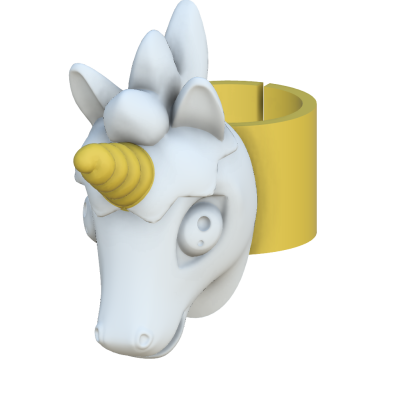 Anel de unicórnio branco com chifre amarelo e base amarela