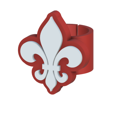 Anel vermelho com símbolo de flor-de-lis branco em relevo