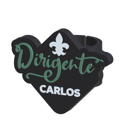 Porta-copos preto com texto verde Dirigente e texto branco CARLOS com flor-de-lis branca