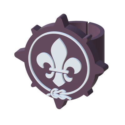 Anel roxo escuro com ornamento flor-de-lis lilás claro e borda de engrenagem