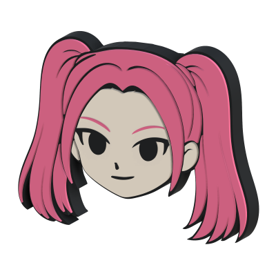 Cabeça estilizada de boneco com cabelo cor-de-rosa e dois rabo de cavalo