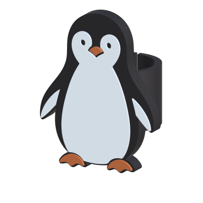 Objeto em forma de pinguim preto, branco e laranja com abertura atrás