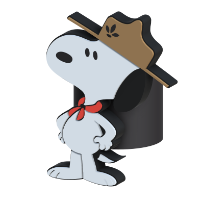 Figura estilizada de cão branco com chapéu castanho e gravata vermelha sobre fundo preto