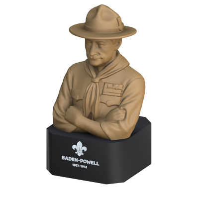 Busto castanho de Baden-Powell com base preta e texto