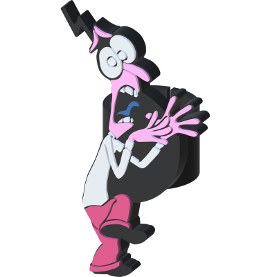 Figura decorativa de personagem de desenho animado cor-de-rosa com expressão surpresa e raio preto acima da cabeça