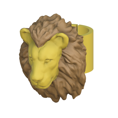 Anel amarelo com cabeça de leão castanha detalhada