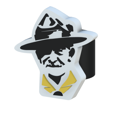 Anel estilizado de rosto masculino com chapéu e bigode, em preto, branco e amarelo