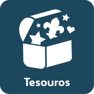 Ícone caixa de tesouro aberta com estrelas, coração, flor-de-lis e palavra Tesouros