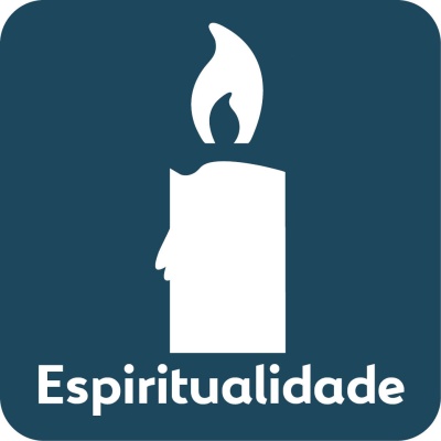 Ícone de vela branca com cara e chama em fundo azul escuro com a palavra Espiritualidade
