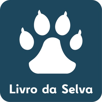 Logotipo com pata de animal branca sobre fundo azul e texto Livro da Selva