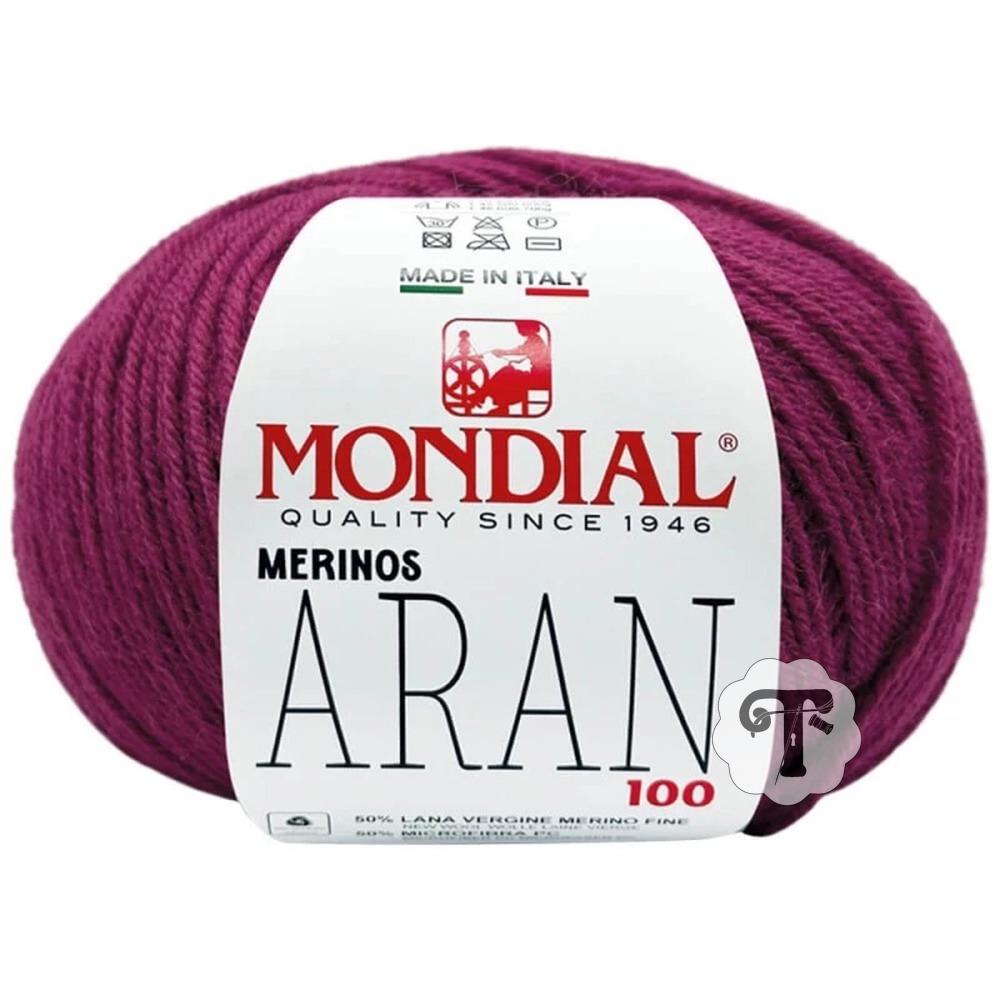 Aran 357 Novelo de lã Merinos Aran bordeaux Mondial com rótulo branco e texto