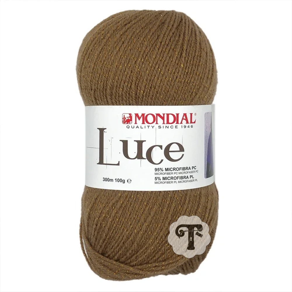 Luce 557 Novelo de fio de lã castanha com brilho dourado e etiqueta branca da marca MONDIAL Luce