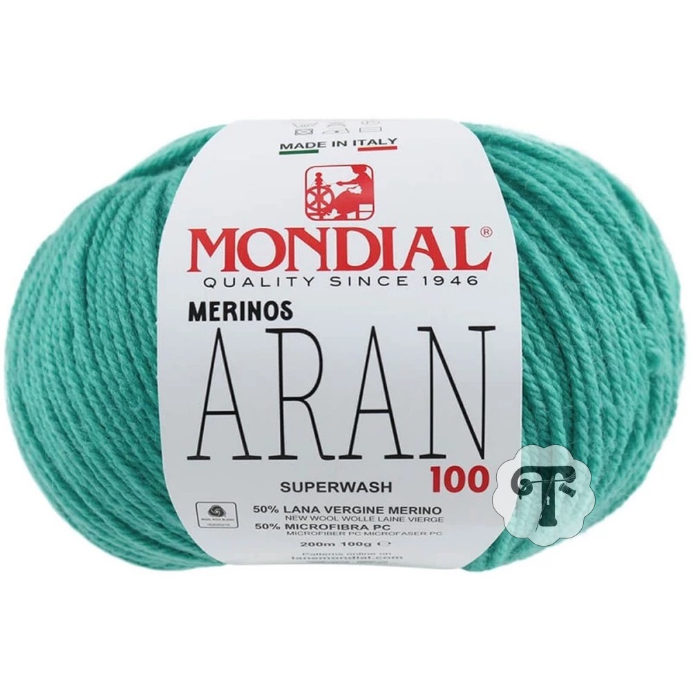 Aran 775 Novelo de lã verde-água Mondial Merinos Aran Superwash 100
