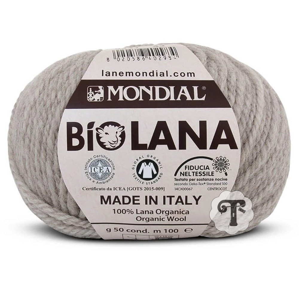 Biolana 341 Novelo cinza claro de lã orgânica Biolana da marca Mondial com rótulo informativo