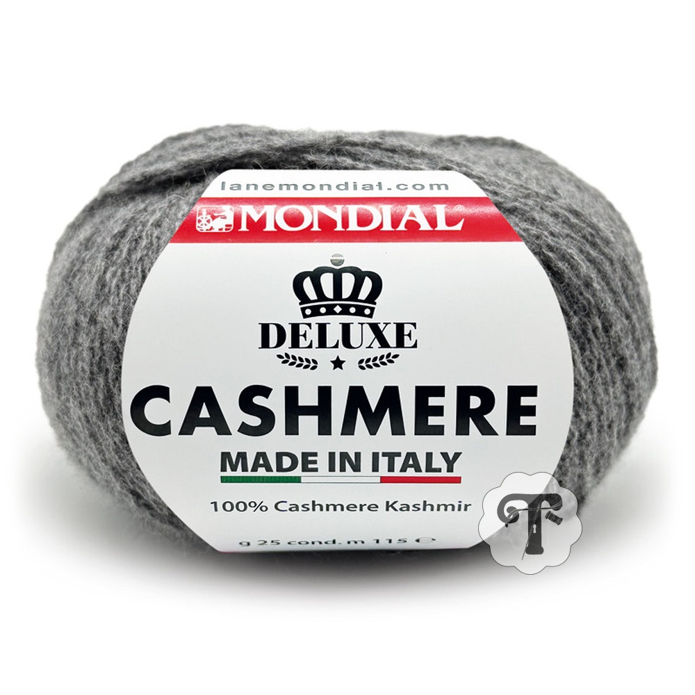 Deluxe Cashmere Cor 936 Novelo de lã cinzenta cashmere da marca MONDIAL Deluxe com etiqueta branca e vermelha