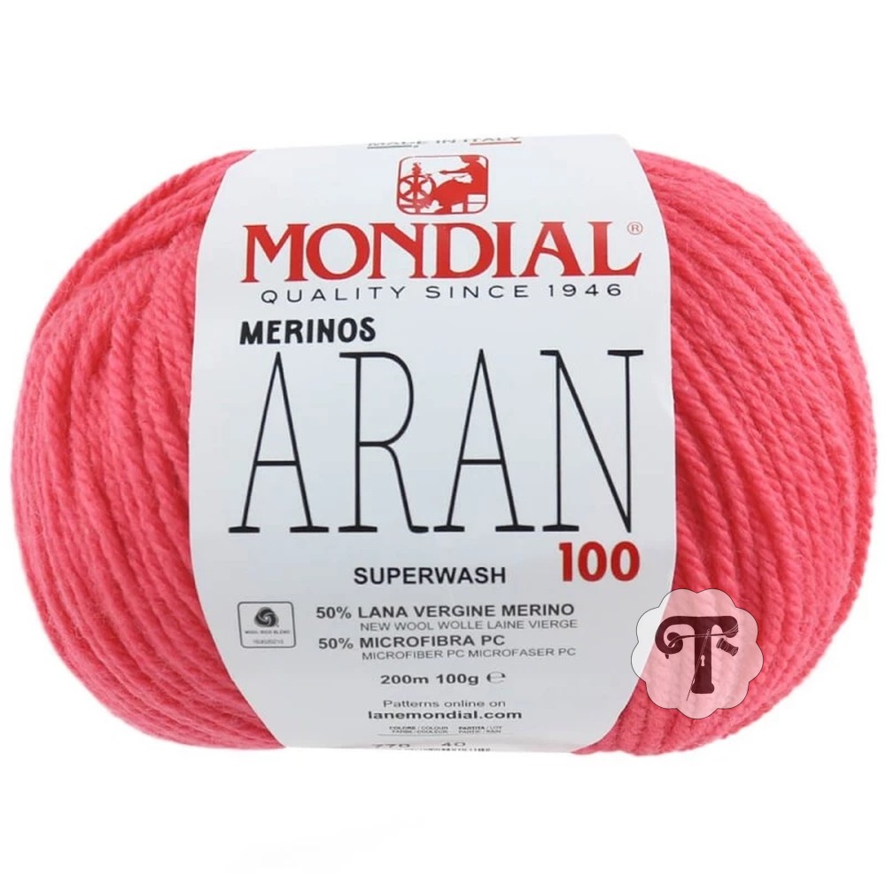 Aran 770 Novelo de lã cor-de-rosa da marca MONDIAL com etiqueta branca