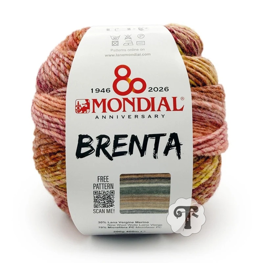 Brenta 638 Novelo de lã multicolorida Brenta da Mondial com embalagem branca e texto