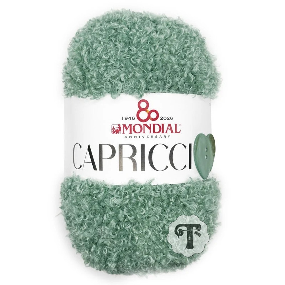 Capriccio 907 Novelo de lã verde com rótulo MONDIAL CAPRICCIO e botão verde em forma de coração