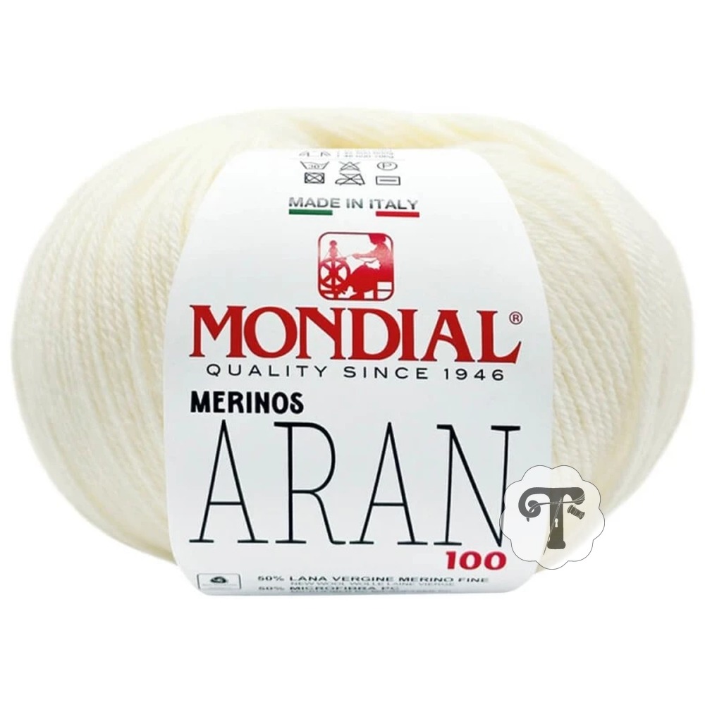 Aran 426 Novelo de lã branca com etiqueta Mondial Merinos Aran 100
