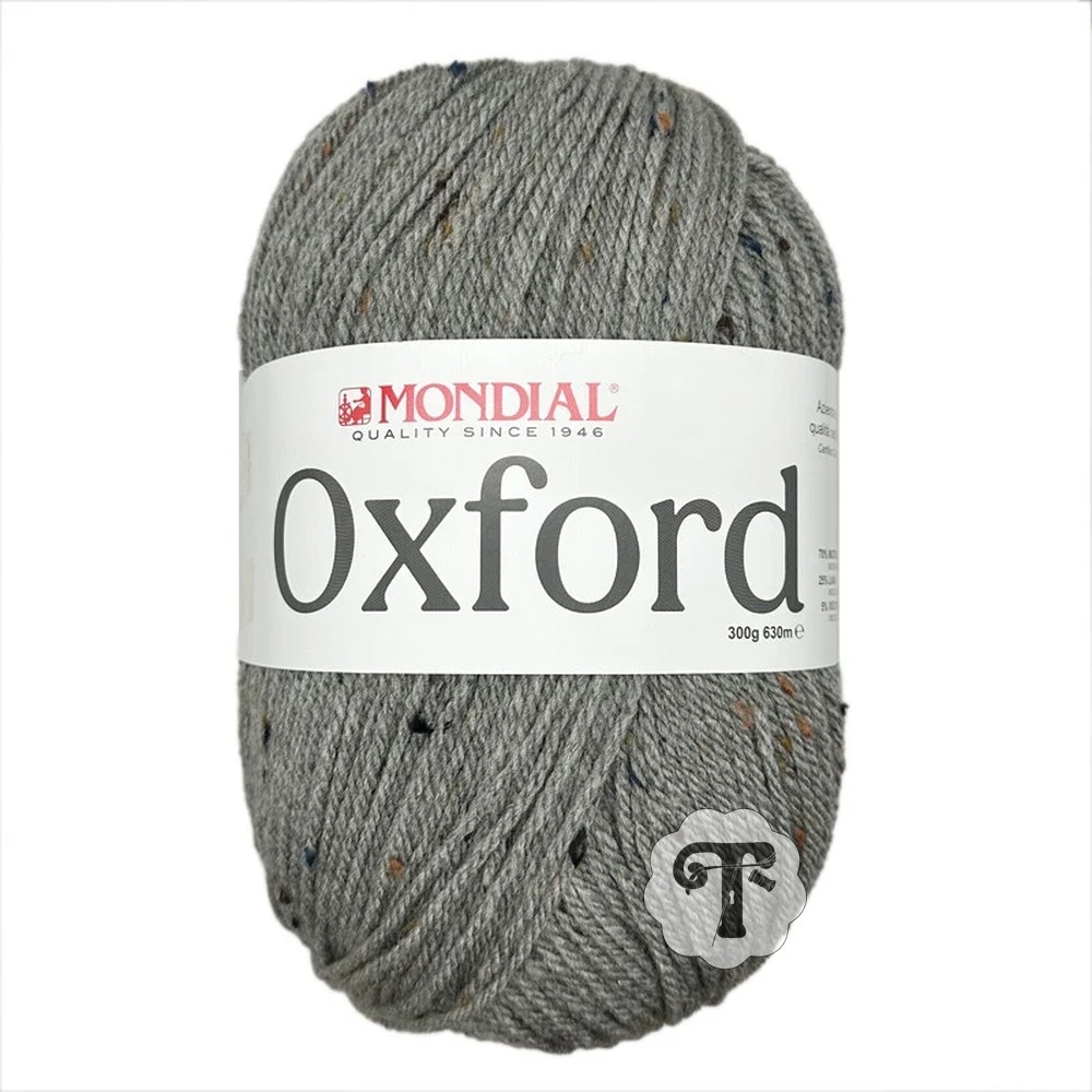 Oxford 593 Novelo de lã cinzenta com pontos coloridos e etiqueta MONDIAL Oxford
