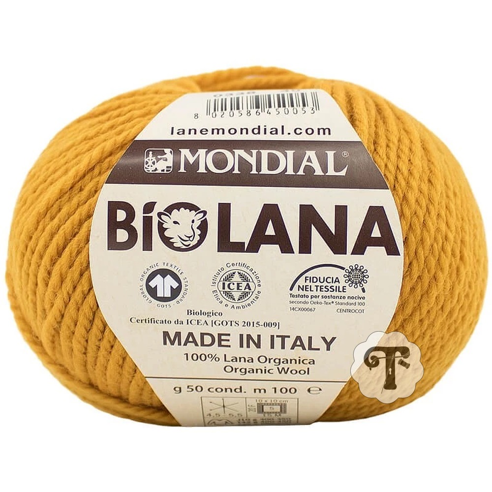 Biolana 338 Novelo de lã amarela com etiqueta da marca Mondial Bio Lana
