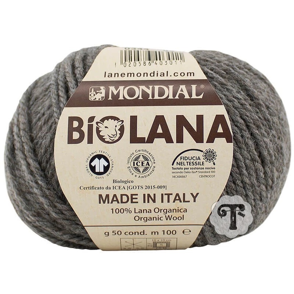Biolana 344 Novelo de lã orgânica cinzenta da marca Mondial com etiqueta detalhada
