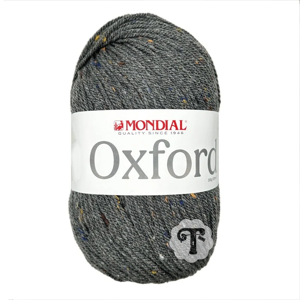 Oxford 594 Novelo de lã cinza com pontos coloridos da marca MONDIAL, etiqueta branca com texto Oxford