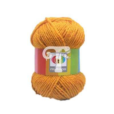 Novelo de lã laranja com etiqueta colorida 'marlons'