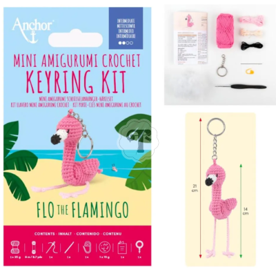 Kit para chaveiro de crochet com flamingo rosa e acessórios para montagem