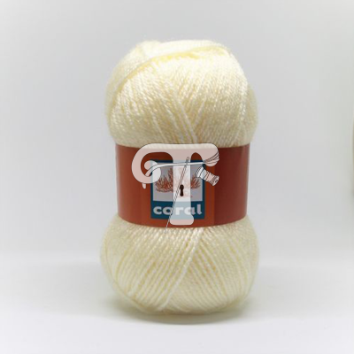 Novelo de lã creme com etiqueta coral
