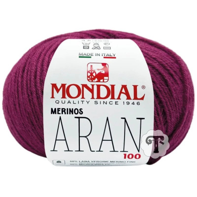 Novelo de lã Merinos Aran bordeaux Mondial com rótulo branco e texto