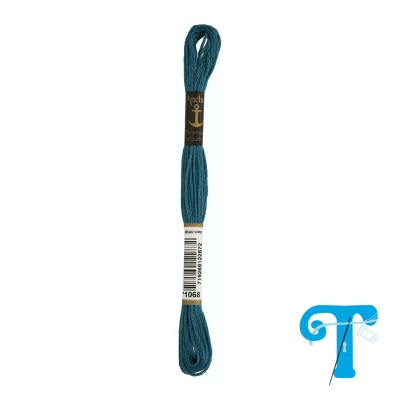Skein of teal blue Anchor stranded cotton embroidery thread with label and barcode
