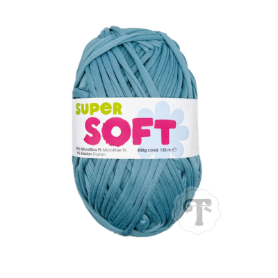 Novelo de fio grosso azul com rótulo branco e texto colorido