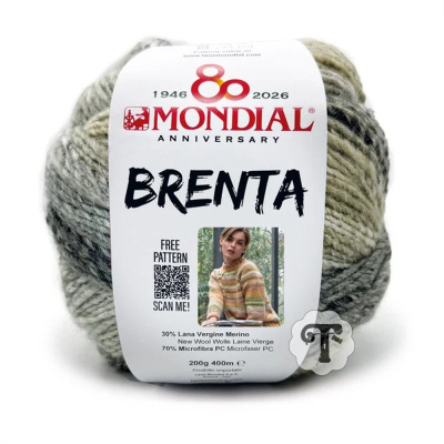 Novelo de lã Mondial Brenta cinza e bege com etiqueta e QR code.