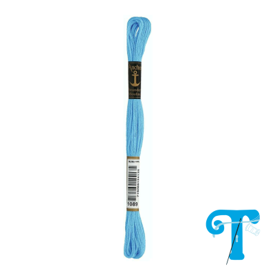 Linha de bordado azul clara com rótulo