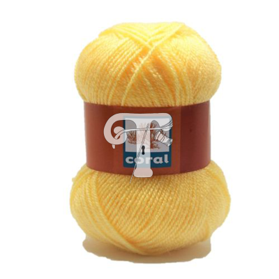 Novelo de lã amarelo claro com etiqueta castanha e azul