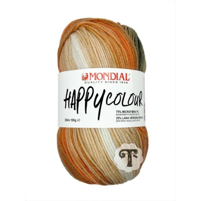 Novelo de lã multicolorido Mondial Happy Colour com etiqueta branca.