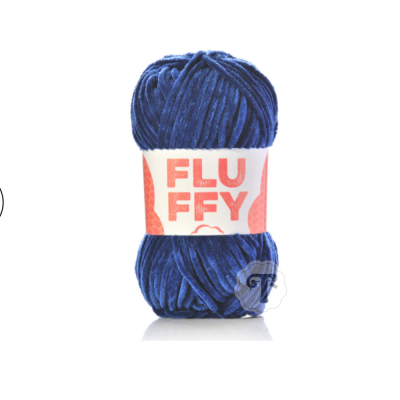 Novelo de lã azul escuro com etiqueta FLUFFY sobre fundo branco