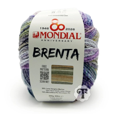 Novelo de lã multicolorida com etiqueta branca da marca MONDIAL e nome BRENTA