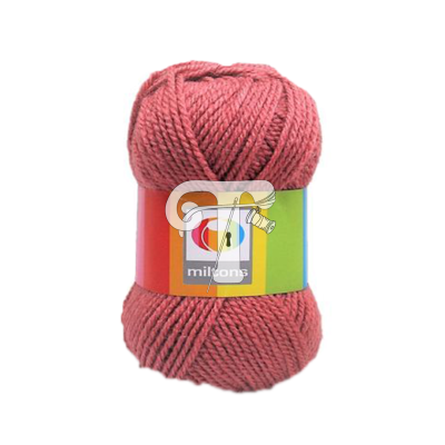 Novelo de lã rosa com etiqueta colorida e logótipo miltons