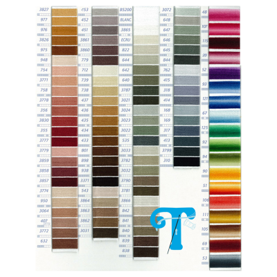 Amostras de linhas de costura coloridas organizadas em faixas com códigos numéricos