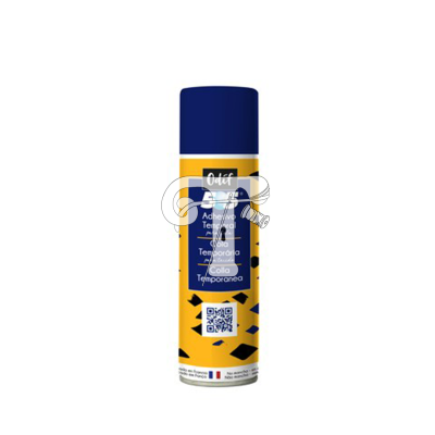 Spray de cola temporária amarelo com tampa azul escura e padrões pretos.