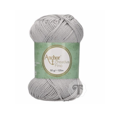 Novelo de fio de algodão cinzento claro com etiqueta verde Anchor Creativa Fino