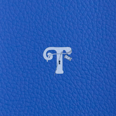 Superfície azul de couro com letra T estilizada e agulha