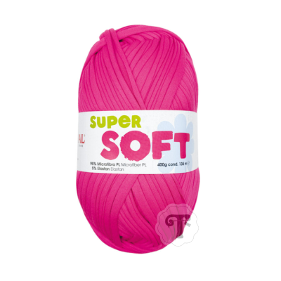 Novelo de fio rosa com etiqueta branca e texto colorido super soft