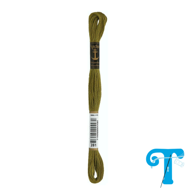 Linha para bordar verde-oliva da marca Anchor com etiquetas preta e branca