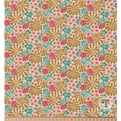 Tecido com padrão floral em mostarda, vermelho, verde e rosa sobre fundo bege.