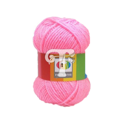 Novelo de lã cor-de-rosa com rótulo colorido da marca Milton's