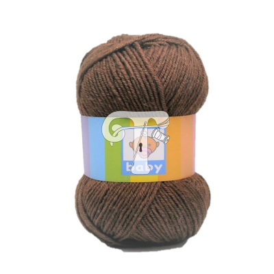 Novelo de lã castanha com rótulo colorido escrito 'baby'